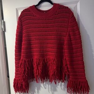 Zara Red Fringed Crew Neck Sweater